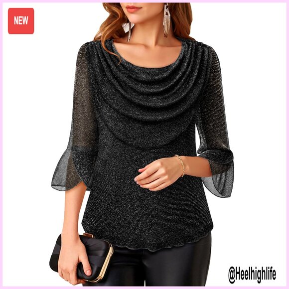 Tops - Sparkly Cowl Neck Blouse 3/4 Sleeve Dressy Casual Top for Evening Party